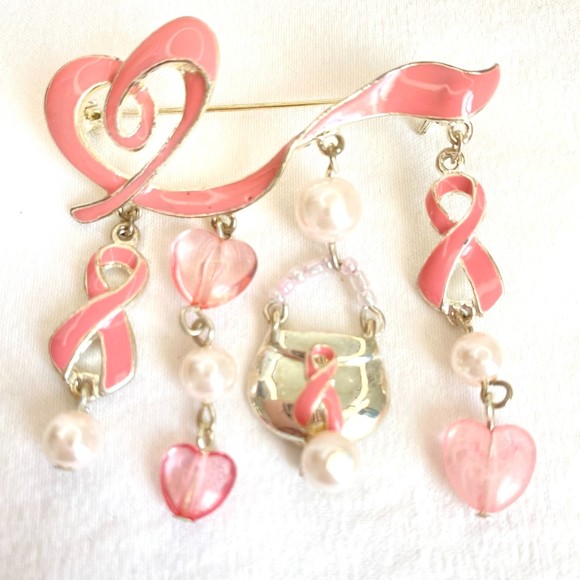 Breast Cancer Awareness Pink Brooch Busy SilverTone Ribbon Hearts & Faux Pearls - Picture 1 of 6